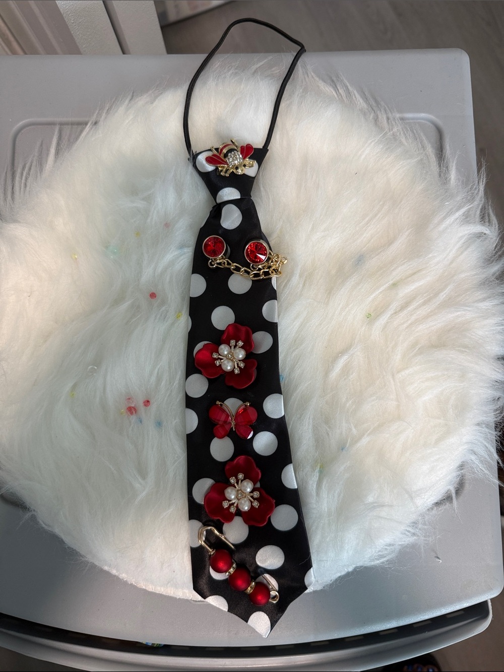 Black Polka Dot Floral Accent Neck Tie Necklace - Women Accessories